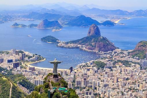 Aerial view of the Christ, The Redeemer Monument and the Corcovado Mountain in Rio de Janeiro, Brazil. 