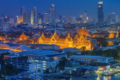 Aerial view at night of The Grand Palace, Bangkok, Thailand