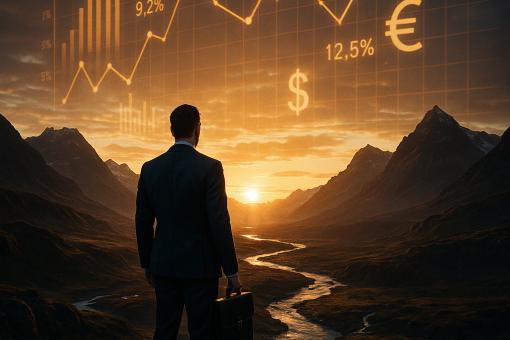 A businessman in a suit holding a briefcase stands in a valley at sunset, facing a glowing financial chart overlay with currency symbols and percentage figures.